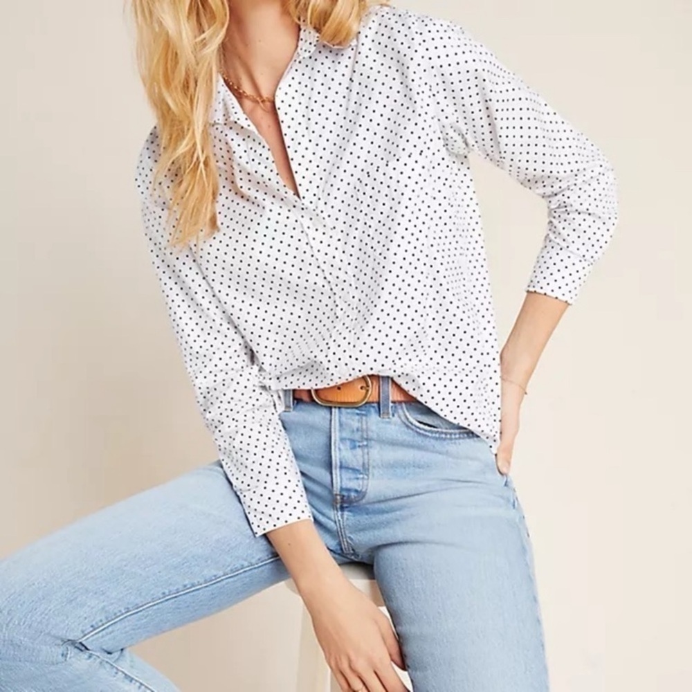 Anthropologie Grayson The Hero Shirt White Black Polka Dot Button Up Size M NWT